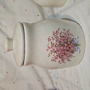 Vintage Speckled Ceramic Blush Pink Flower Blue Ribbon Large Canister Jar w/Lid